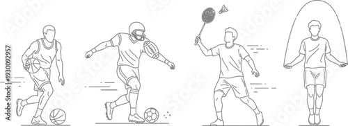 Four athletes engaged in different sports activities basketball soccer badminton and jump roping illustration