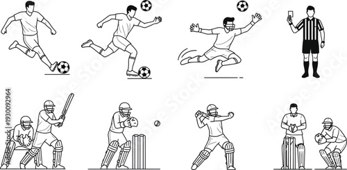 Collection of dynamic sports illustrations featuring soccer and cricket players in various action poses and scenarios