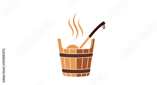 A wooden sauna bucket with visible steam and a long-handled ladle inside is depicted with distinct brown staves against a plain white background, Generative AI.