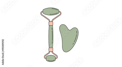 A green jade facial roller and a heart-shaped gua sha tool are placed side by side on a clean white background, Generative AI.