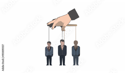 Business manipulation concept with puppet master hands controlling people characters flat vector illustration