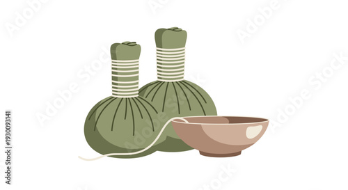 Two green herbal compress balls with white string are placed beside a small light brown bowl on a clean white background, Generative AI.