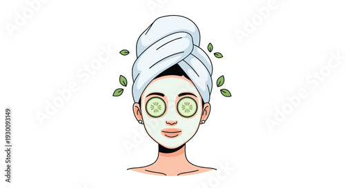 A woman with a green facial mask and cucumber slices on her eyes wears a white towel on her head, Generative AI.