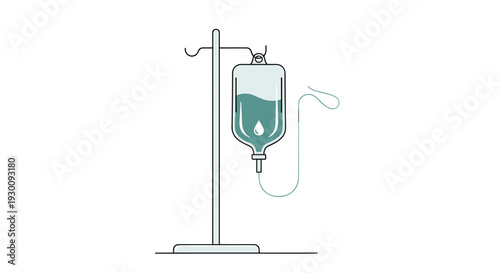 A single medical IV drip bag with light blue liquid hangs from a metal stand on a clean white background, Generative AI.