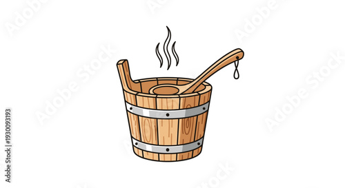 A single wooden sauna bucket with a ladle and rising steam is depicted on a clean white background, Generative AI.
