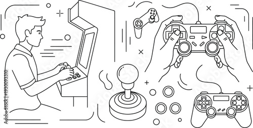 Man playing video games on old arcade machine and using modern game controllers with joy and enthusiasm freely