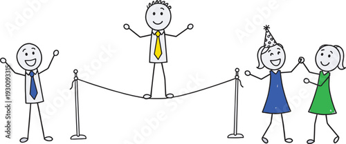 Business teamwork concept illustration of businessman balancing on tightrope with supportive colleagues celebrating success and risk taking achievement in corporate environment background