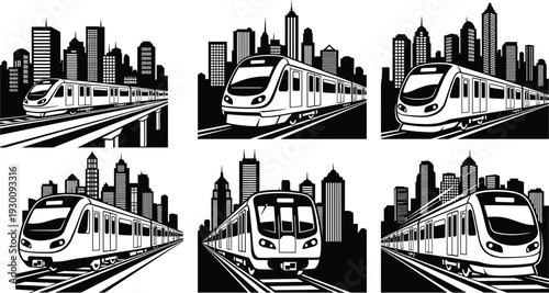 Modern city train silhouette vector illustration featuring high-speed subway commuter transit system traveling through urban skyscraper skyline background for commercial design.