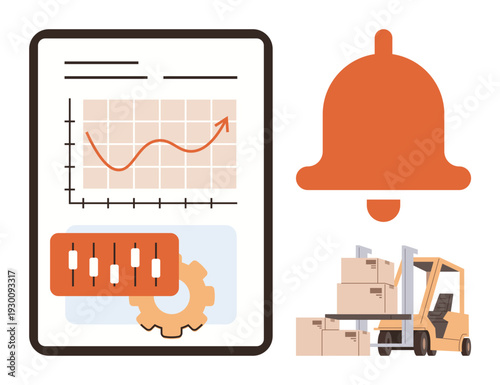Supply chain, logistics, inventory management, warehouse operations, shipping, business growth. Bar chart and forklift with packages. Supply chain and logistics concepts