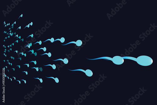 Human sperm cells swimming toward target on dark blue background representing fertilization process reproductive health biology science and medical concept of conception life beginning and anatomy