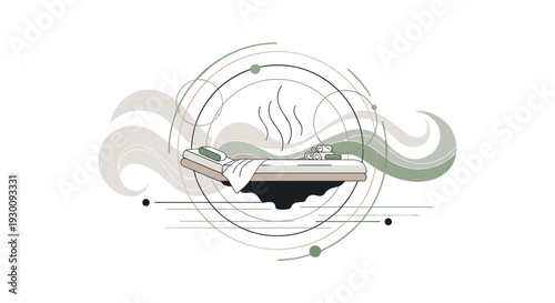 A minimalist bed with pillows and a blanket is depicted with steam rising encircled by abstract wavy lines and geometric shapes, Generative AI.
