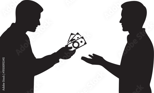 Two men exchanging money in silhouette black cash