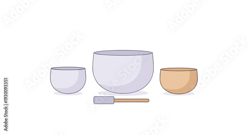 Three singing bowls of varying sizes and colors are displayed with a mallet on a clean white surface, Generative AI.