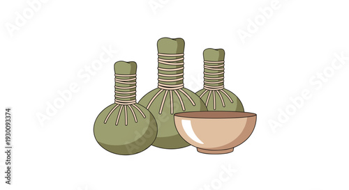 Three distinct green herbal compress balls each tightly bound with string are neatly arranged alongside a small empty light beige ceramic bowl, Generative AI.