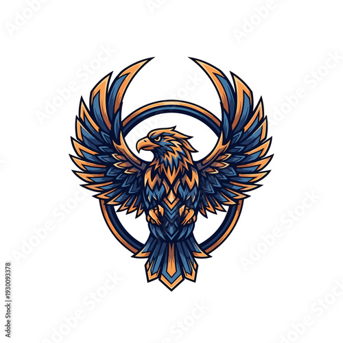 Powerful eagle mascot emblem with spread wings and circular frame in blue and gold colors