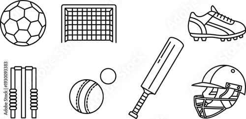 Collection of sports equipment illustrations including soccer, cricket, and football gear in simple line art style