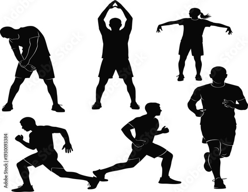 Six black silhouettes of people exercising in various fitness poses and stretches