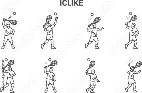 Tennis player in various dynamic poses hitting the ball with racket in black and white illustration style