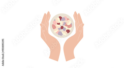 Two light-toned human hands are gently cupping an open shallow bowl filled with a vibrant assortment of small pastel-colored elements, Generative AI.