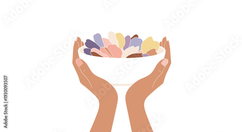 Two illustrated hands gently hold a white bowl filled with numerous pastel-colored petals on a clean white background, Generative AI.