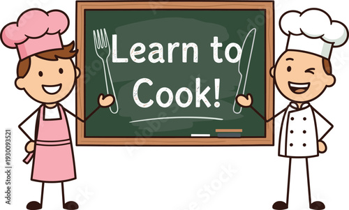 Cartoon chefs presenting learn to cook message on chalkboard, cooking class and culinary education concept illustration isolated on white background