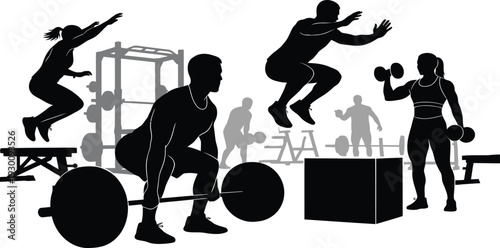 Fitness and exercise silhouettes with various gym equipment and activities