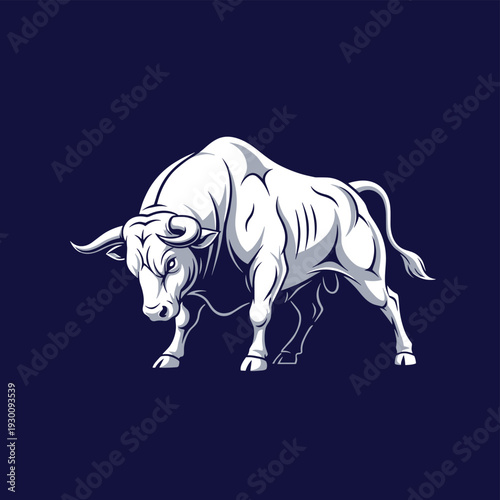 Powerful muscular bull illustration standing on a dark blue background