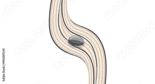 Multiple wavy beige-colored lines flow vertically with a single smooth dark grey oval stone centrally placed on one of the lines, Generative AI.