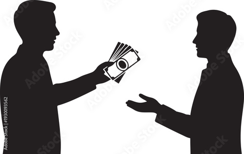 Two men exchanging money in silhouette silhouettes