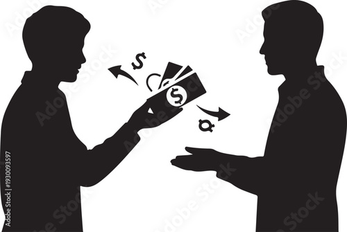 Two men exchanging money silhouettes exchange cash