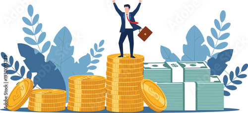 PrintBusiness success vector illustration with entrepreneur standing on stacked coins and cash, financial growth, wealth achievement, and investment profit concept