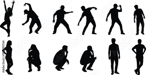 Set of black silhouettes of people in various poses including dancing breakdance urban hip hop style and casual standing sitting
