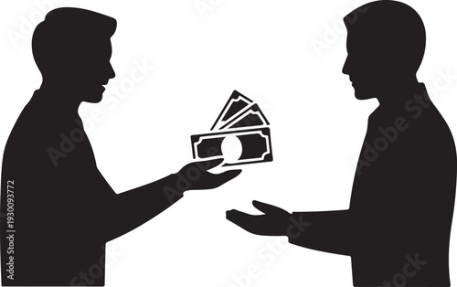 Two men exchanging money silhouettes exchange cash