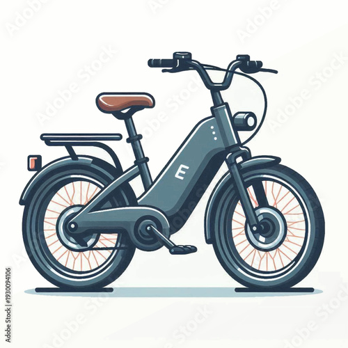 A stylized illustration of an electric bicycle in blue and brown tones against a white background