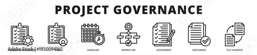 Executive banner highlighting structured project governance including task coordination, documentation control, workflow management, and deadline driven execution outline icon style
