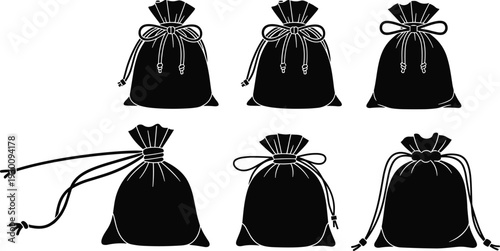 Black drawstring money bag silhouette set with various tied rope styles for financial wealth banking savings and treasure vector design