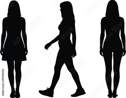 Black woman silhouette set with front side and back views for fashion beauty lifestyle casual walking and female character design