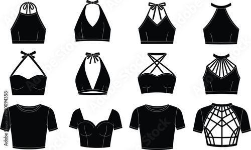 Black women's top and bodice silhouette set with halter neck crop tops and t-shirts for fashion apparel and garment design