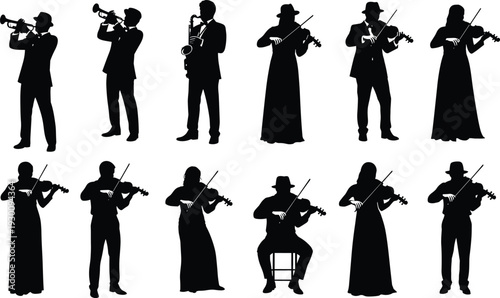 Violinist and musician silhouettes playing violin saxophone and trumpet instruments for classical jazz music performance orchestra concert and artistic vector design