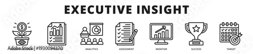 Premium banner illustrating executive insight driven by analytical evaluation, investment vision, and performance monitoring aligned with strategic targets outline icon style