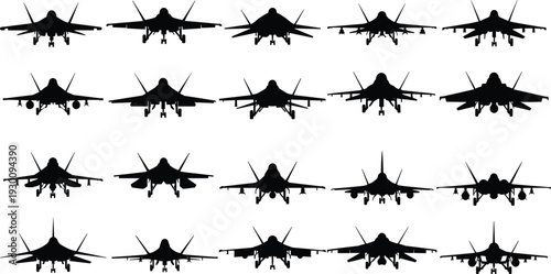 Jet fighter aircraft silhouette set featuring various modern military warplanes and supersonic interceptors isolated on white background for aviation design