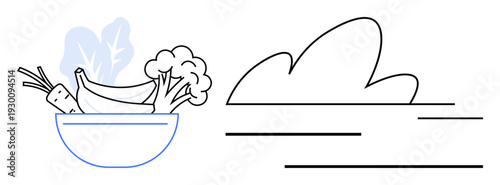 Healthy eating, culinary preparation, organic produce, minimalist art, vegan lifestyle, nutrition. Bowl of vegetables beside cloud shape outlines. Healthy eating and culinary preparation concept