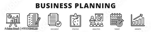 Premium banner focused on structured business planning supported by analytical assessment, strategic documentation, and measurable growth objectives outline icon style