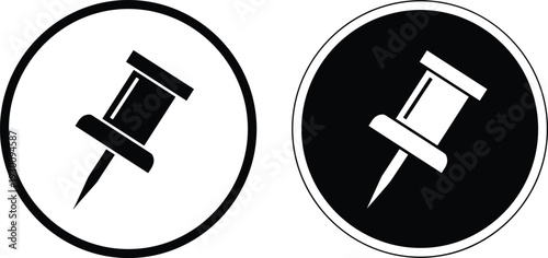Push pin silhouette icon set with black and white circular borders for office notice board school supplies and stationery design