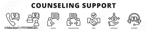 Professional banner centered on counseling support systems offering structured consultation, expert advice, and empathetic communication services outline icon style