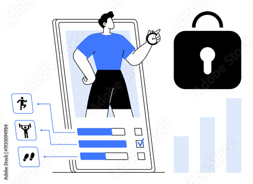 Fitness tracking concept. Fitness tracking with integrated security measures for data protection. Fitness tracking ensuring privacy in health monitoring. For apps, health, data privacy, tech