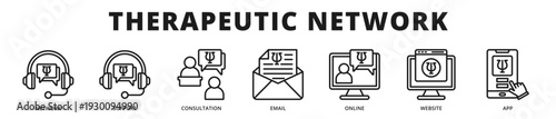 Executive banner presenting a therapeutic network ecosystem integrating digital communication channels and coordinated professional support services outline icon style