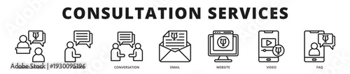 Premium banner highlighting modern consultation services delivered through digital communication channels and structured advisory frameworks outline icon style