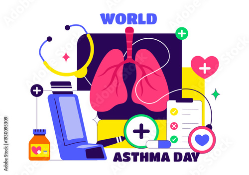 World Asthma Day Vector Illustration on May 2 Featuring Inhaler, Medical Equipment, and Lung Health Prevention in Healthcare Flat Cartoon Background