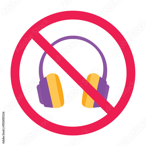 No headphones sign, forbidden listening music symbol, headphones prohibited icon, no audio device allowed sign, vector illustration
